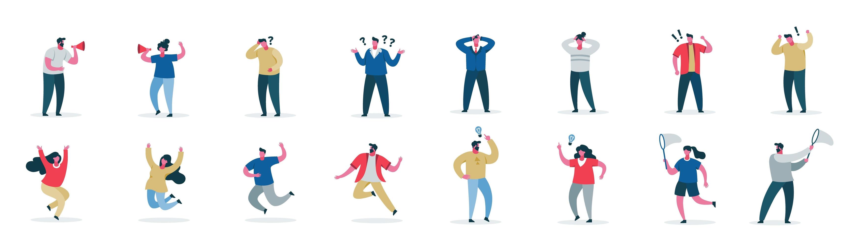 Male and female cartoon characters showing different emotions vector