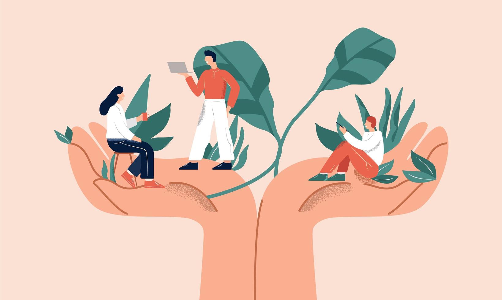 Huge hands with leaves holding tiny office workers vector