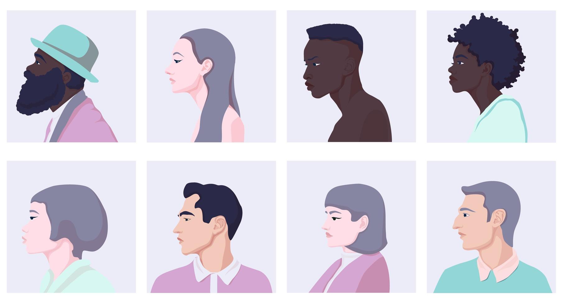 Side view of different cartoon woman and man faces vector