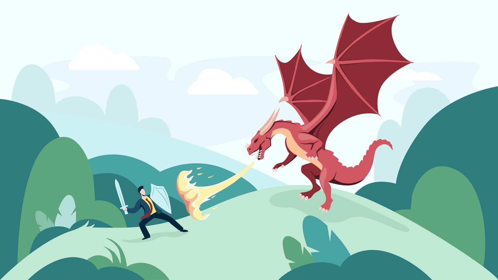 Cartoon business man fighting fire breathing dragon 1233787 Vector Art