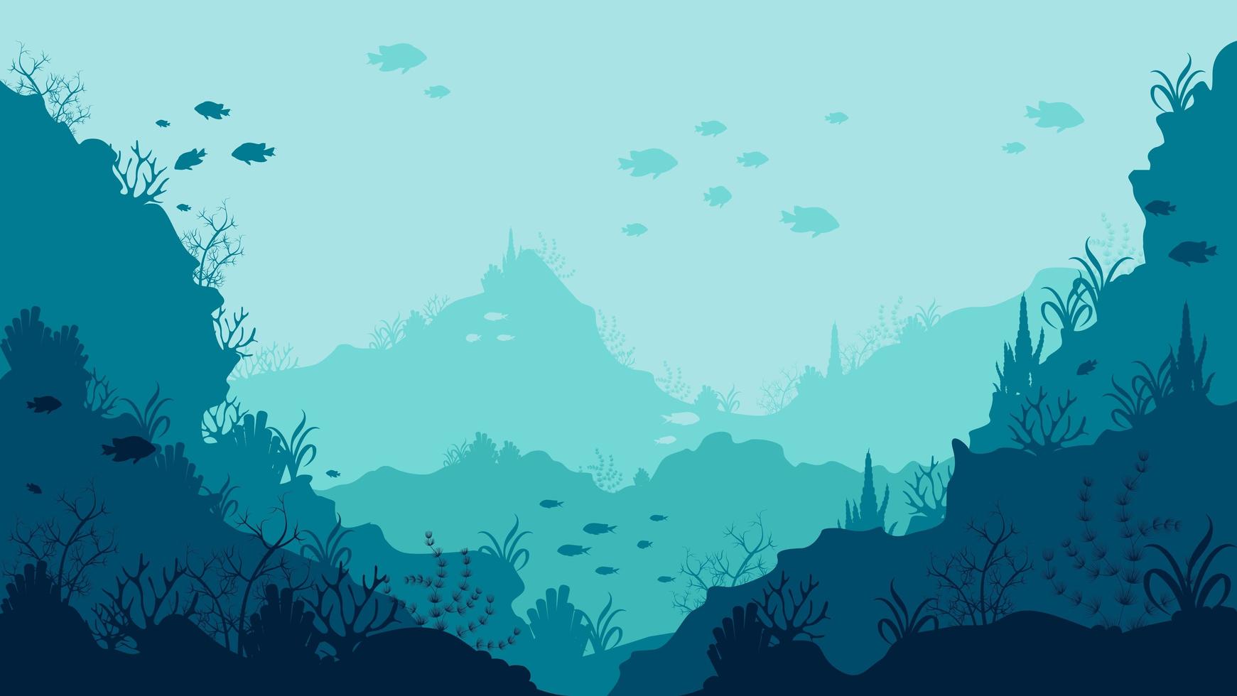 ReBottom of the ocean with swimming fish and corals vector