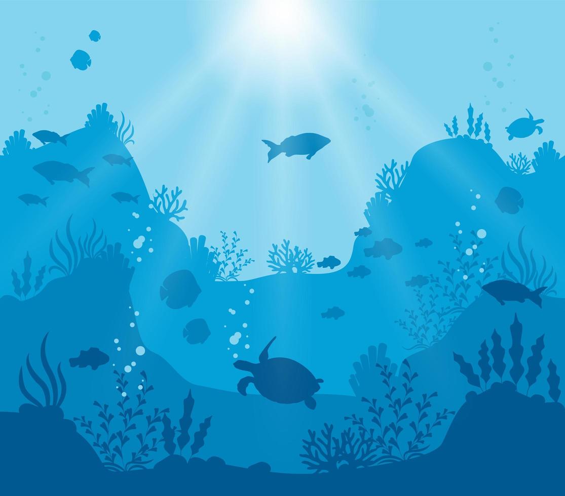 Deep blue underwater world silhouette vector