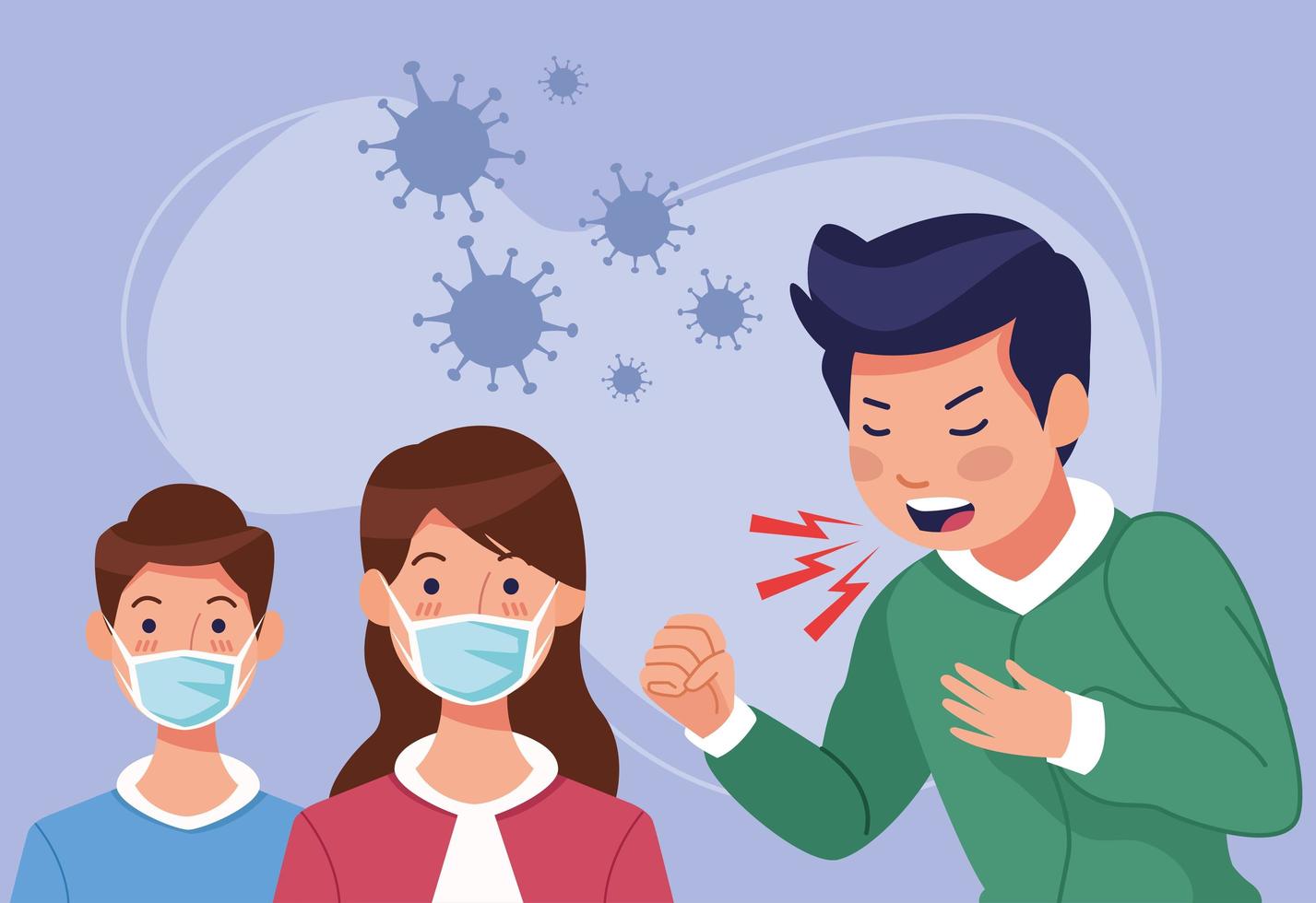 Coughing man and kids in face masks vector