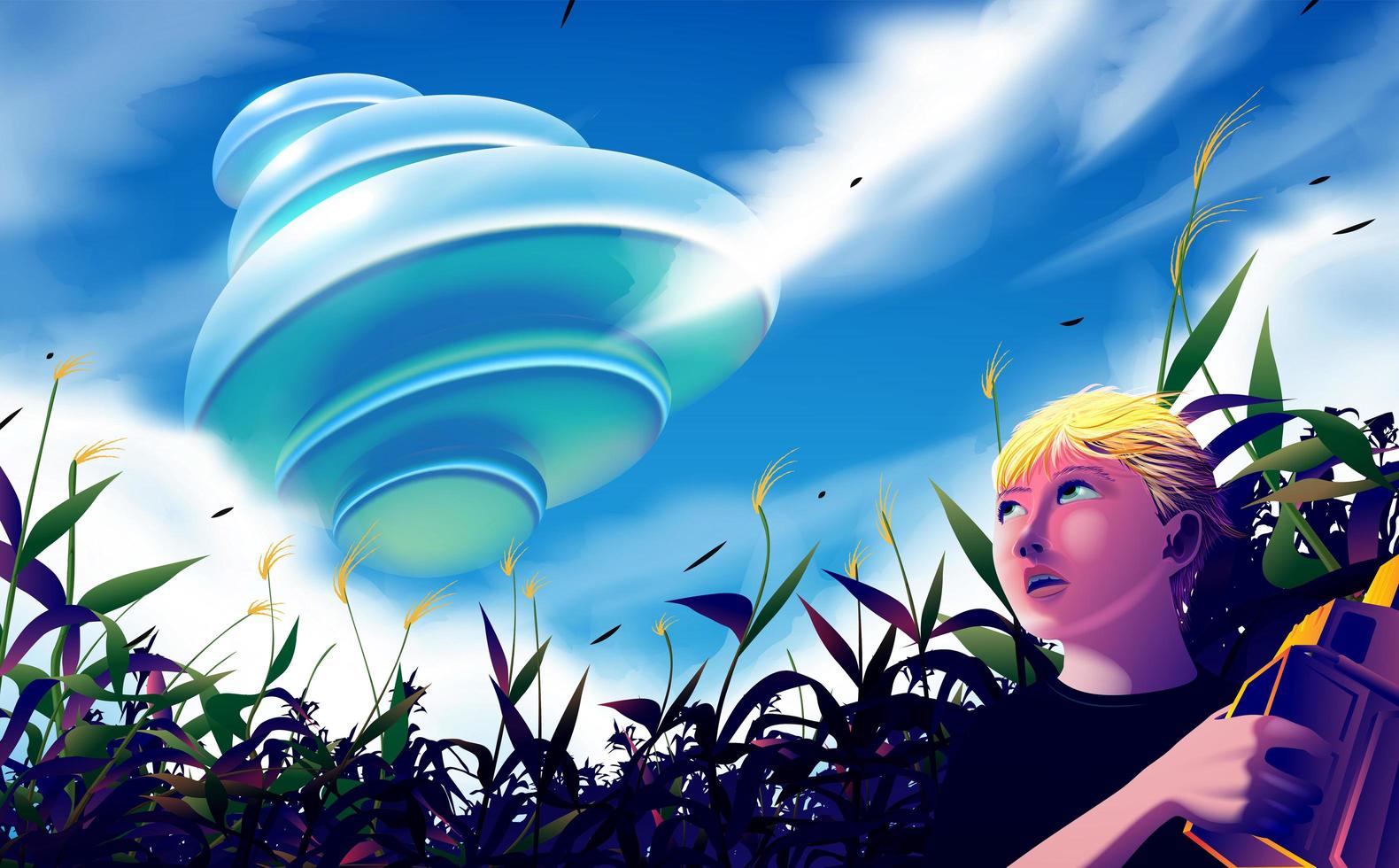 UFO flying over the corn field vector