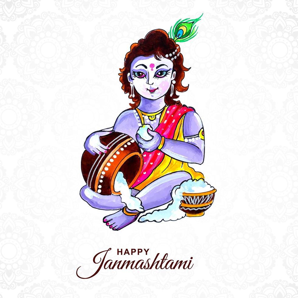 Happy krishna janmashtami card with krishna and pot  vector