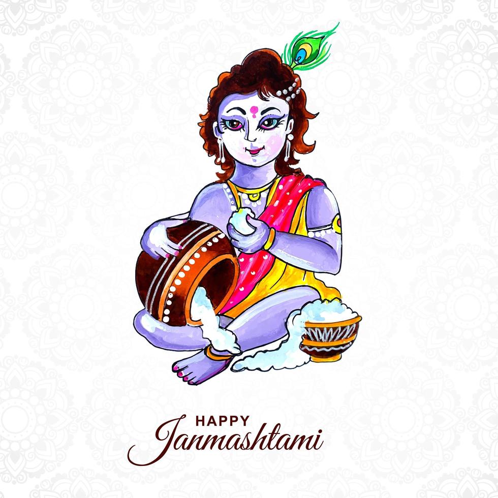 Feliz tarjeta de krishna janmashtami con krishna y olla vector