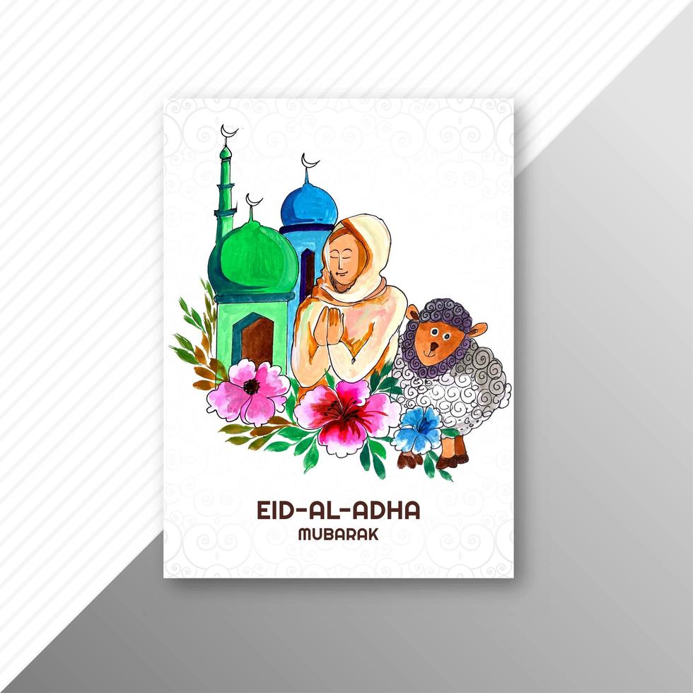 Tarjeta eid al adha con ovejas y mujer rezando vector