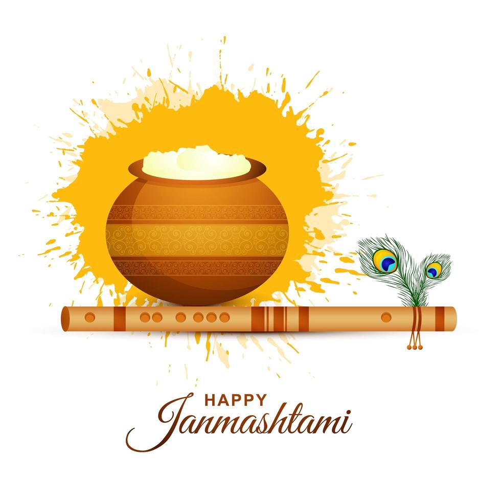 Feliz tarjeta de Krishna janmashtami con matki y makhan en blanco vector