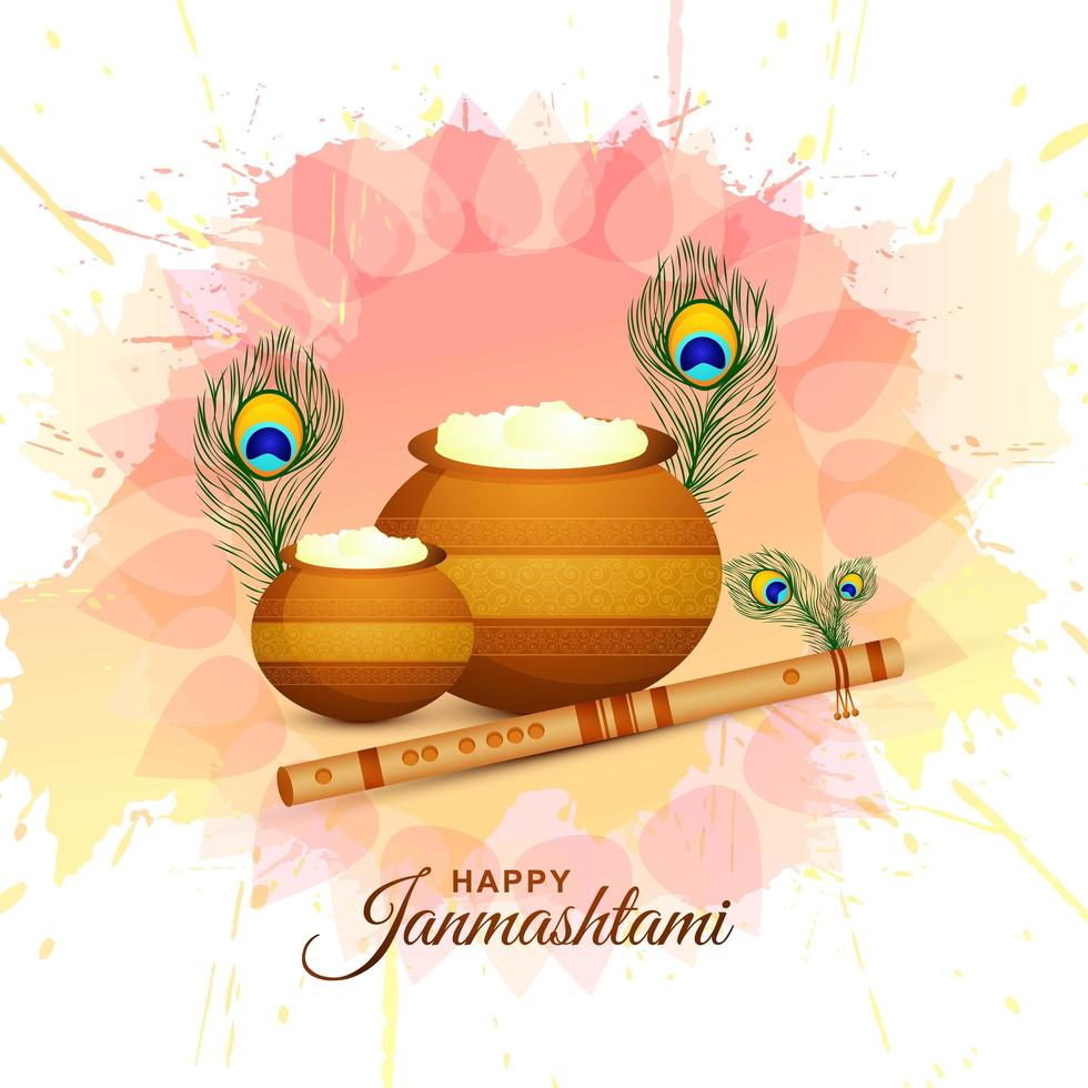 Happy krishna janmashtami card with matki and makhan  vector