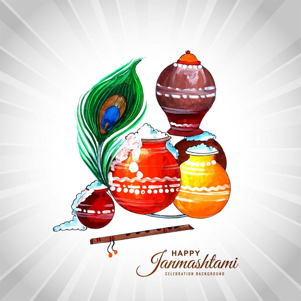 Beautiful religious colorful krishna janmashtami card vector