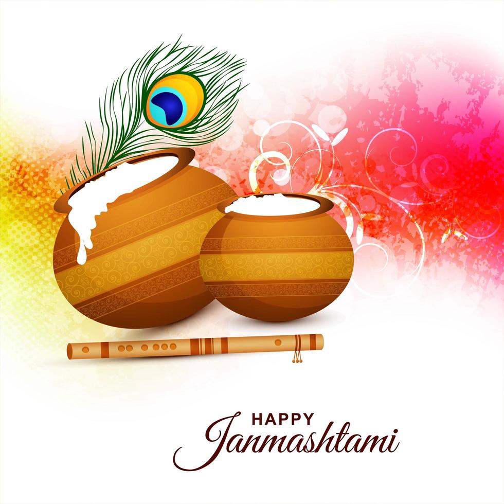 feliz tarjeta del festival janmashtami con diseño brillante vector