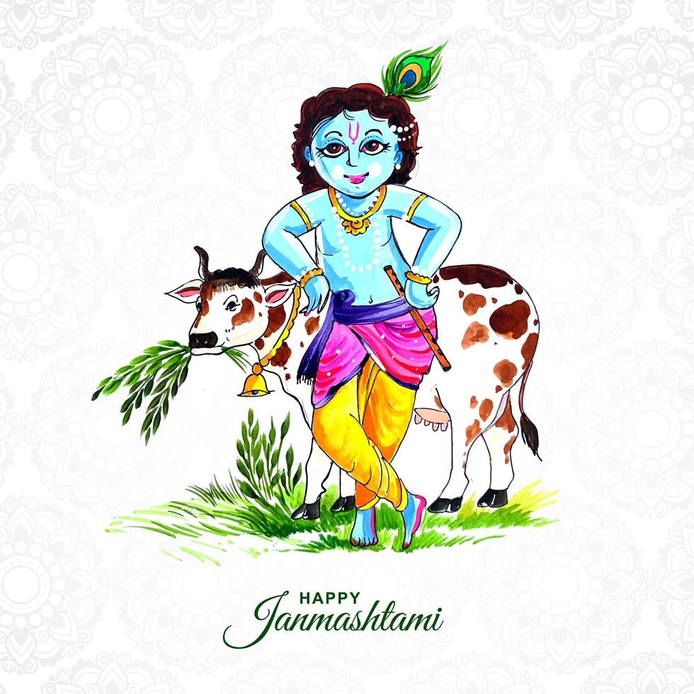 Happy janmashtami greeting card with krishna and cow  vector