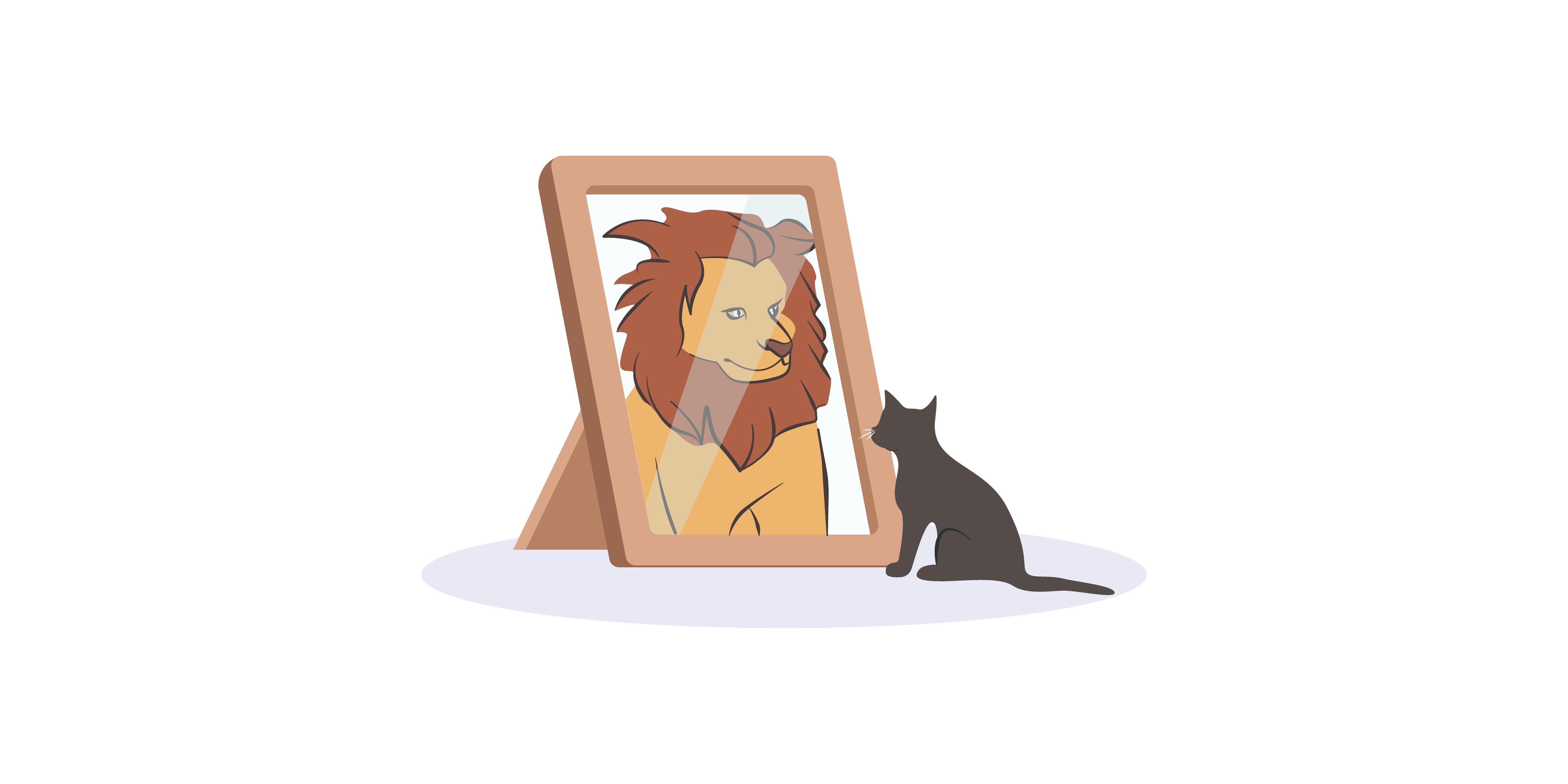 cat looking in mirror lion