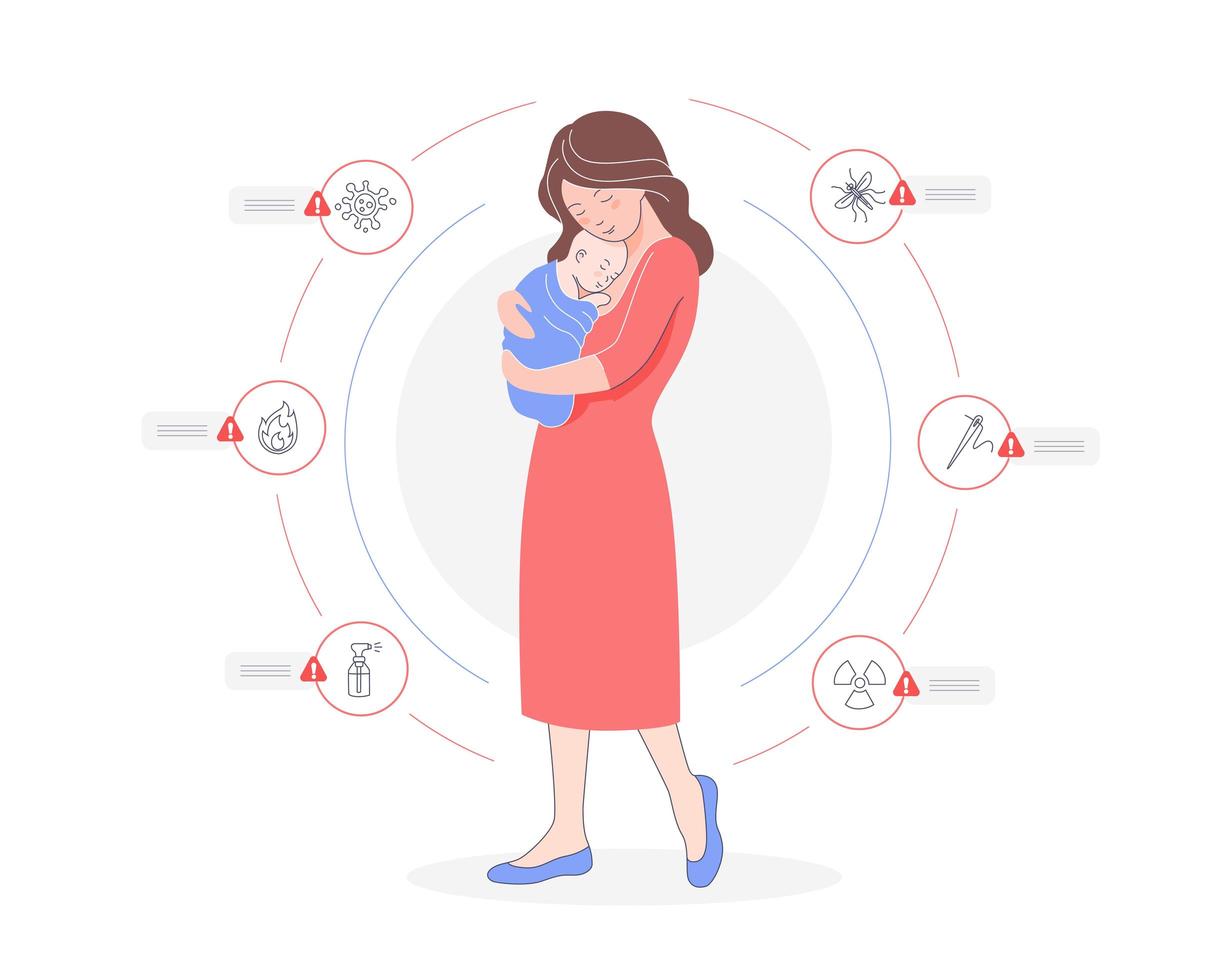 Mother holding toddler baby surrounded by dangerous icons vector