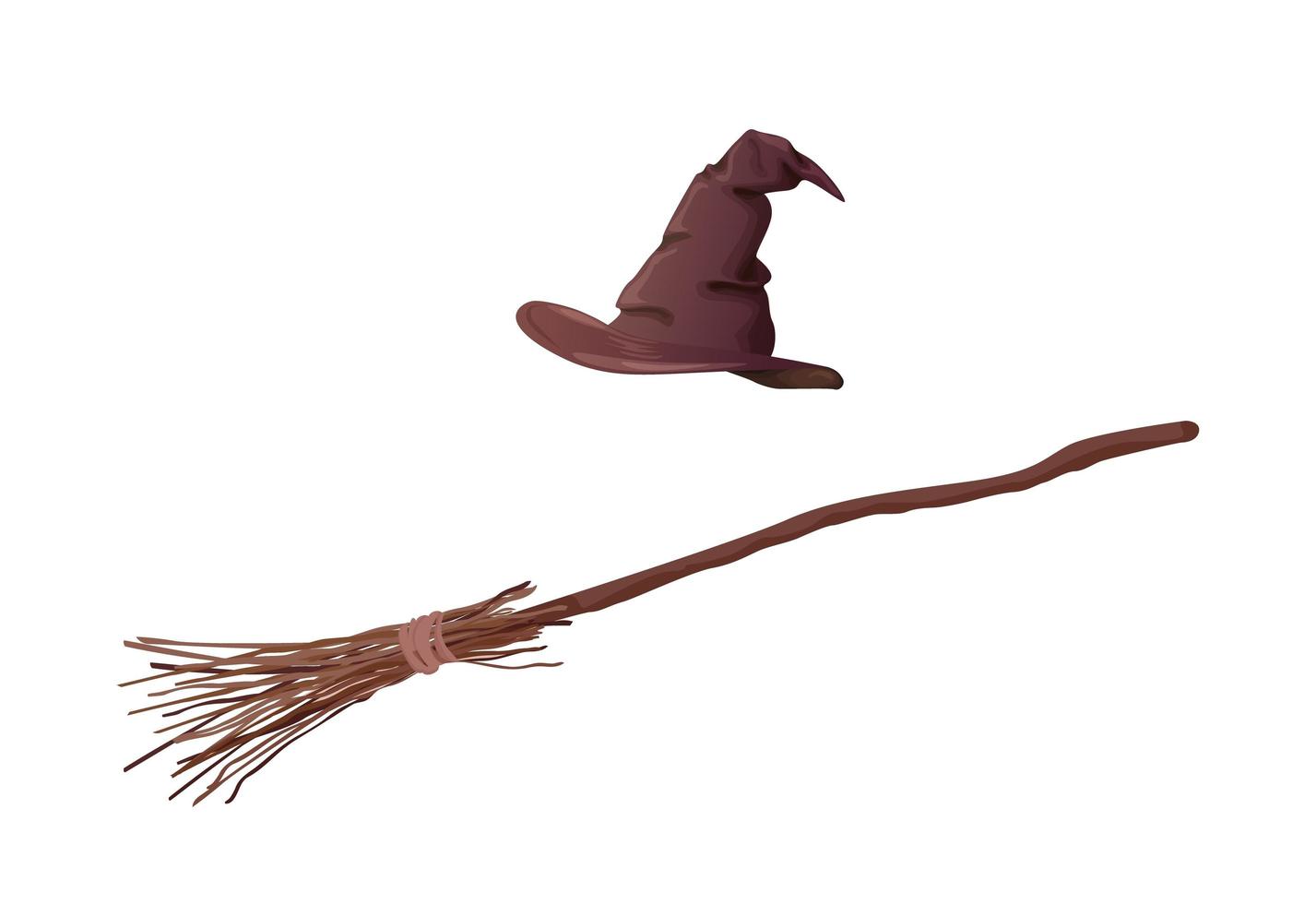 escoba y sombrero de bruja marrón de dibujos animados vector