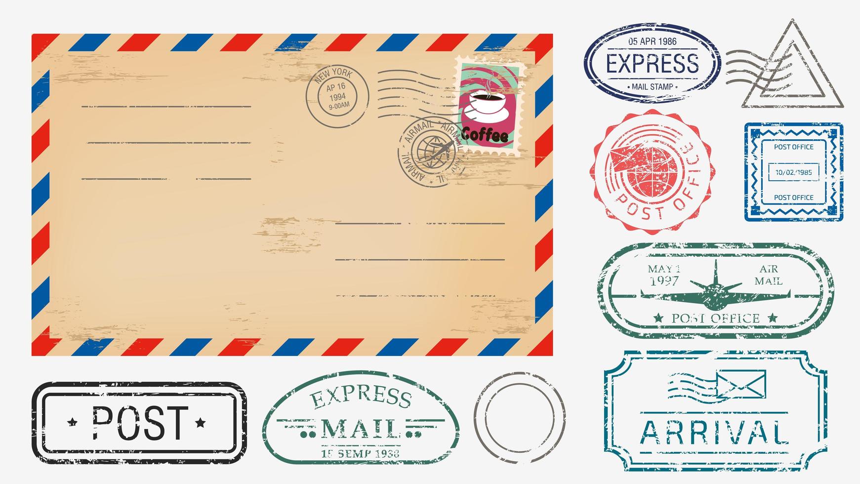 Realistic envelope with various stamps vector