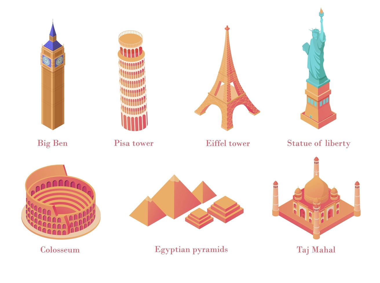 Isometric architectural tourist attraction set vector