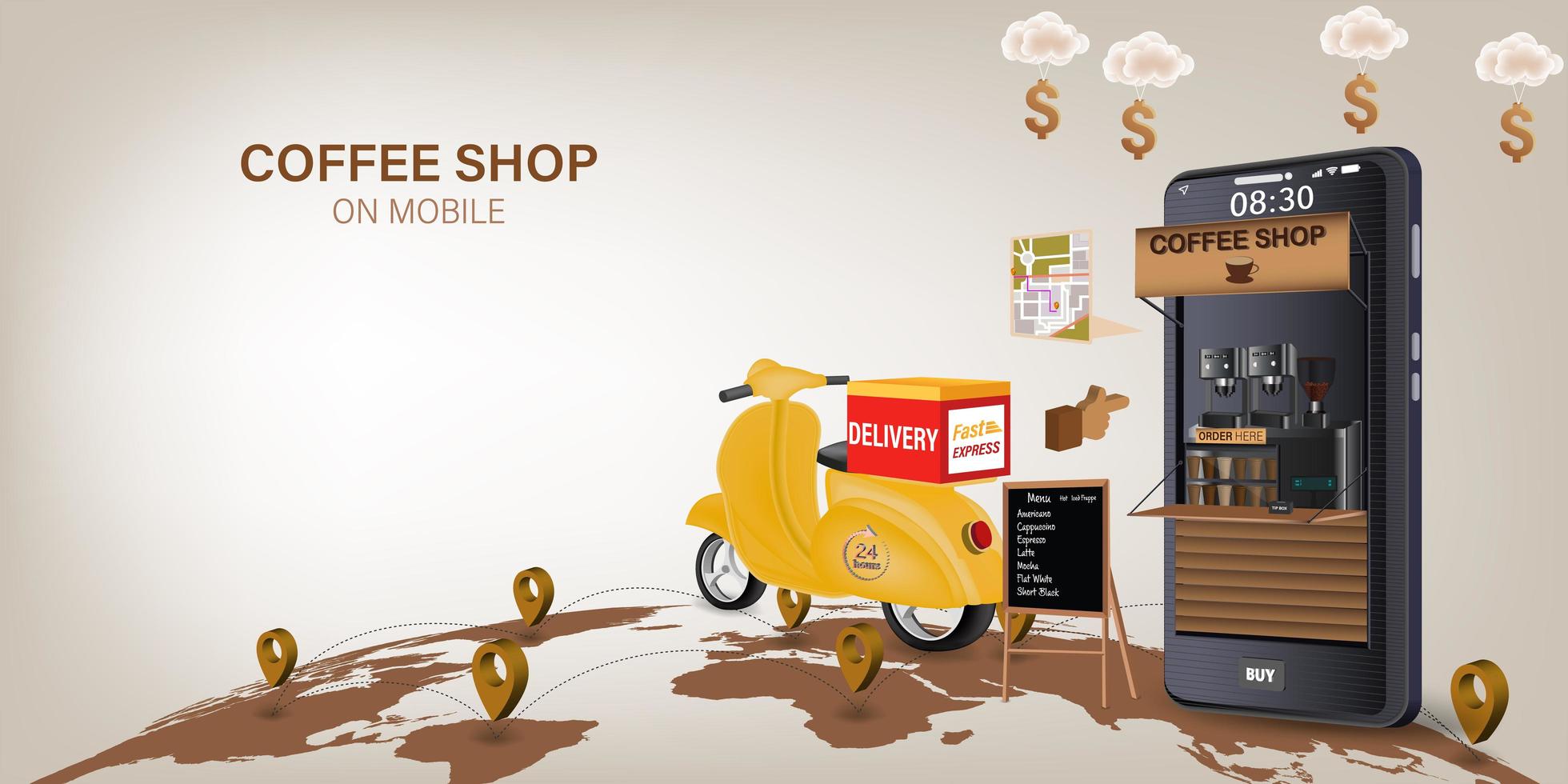 Coffee shop delivery on mobile vector