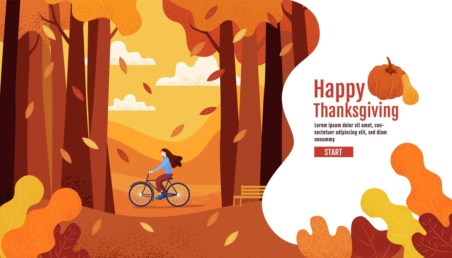 Feliz página de inicio de acción de gracias con mujer montando bicicleta vector