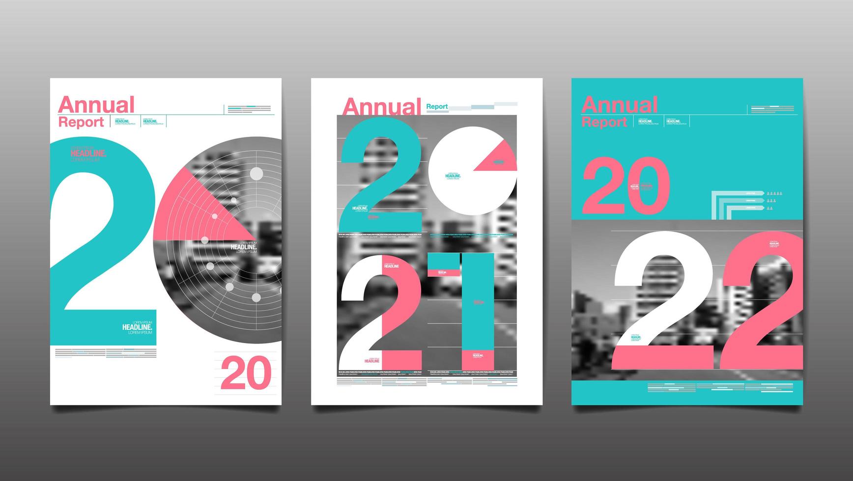 Teal and pink 2020, 2021, 2022 annual reports vector