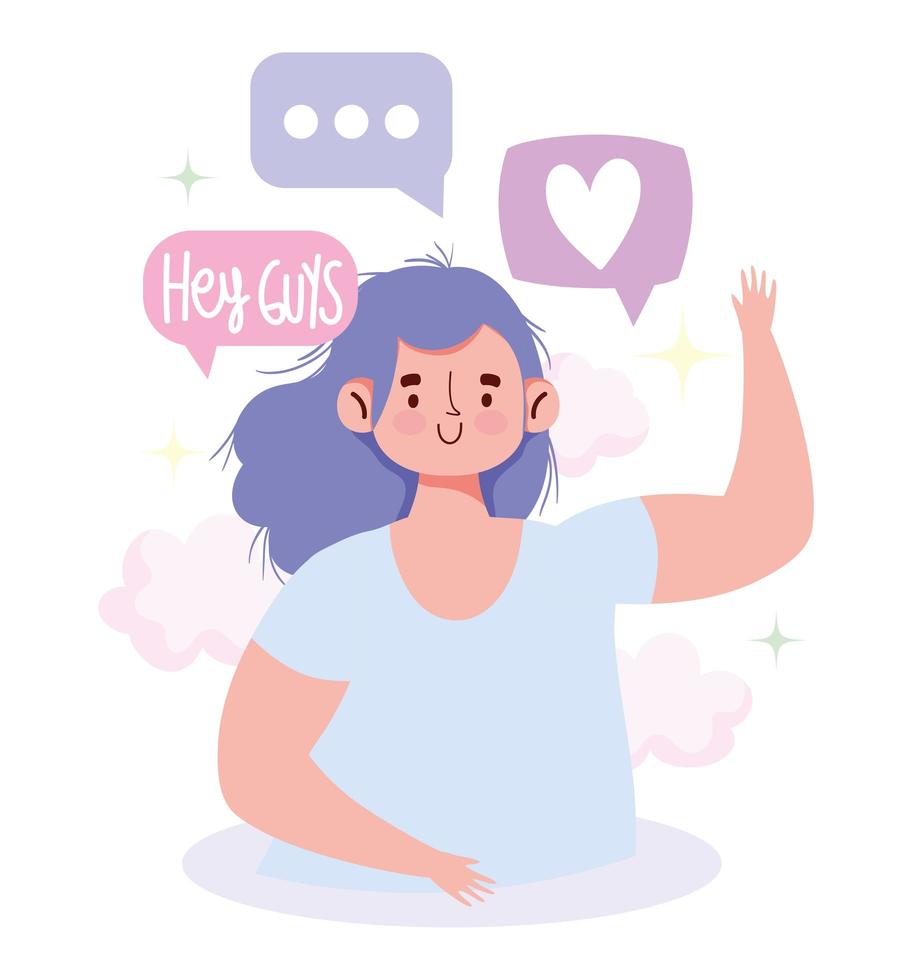 Young Woman Waving Hand Talking Bubbles vector