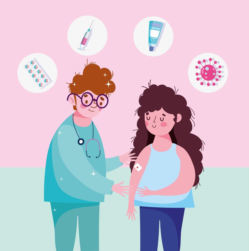 Nurse and Woman with Aid Bandage on Arm Medical Health Care Vaccination vector