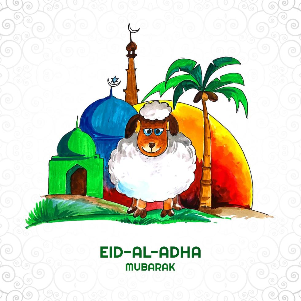 hermosa plantilla de tarjeta de felicitación dibujada a mano de eid al adha vector