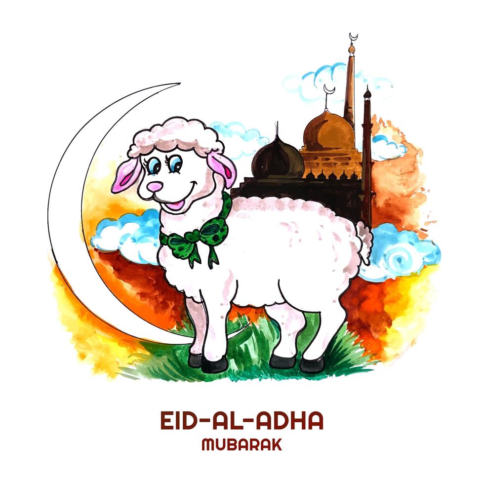 Tarjeta de felicitación de eid al-adha con cordero feliz vector