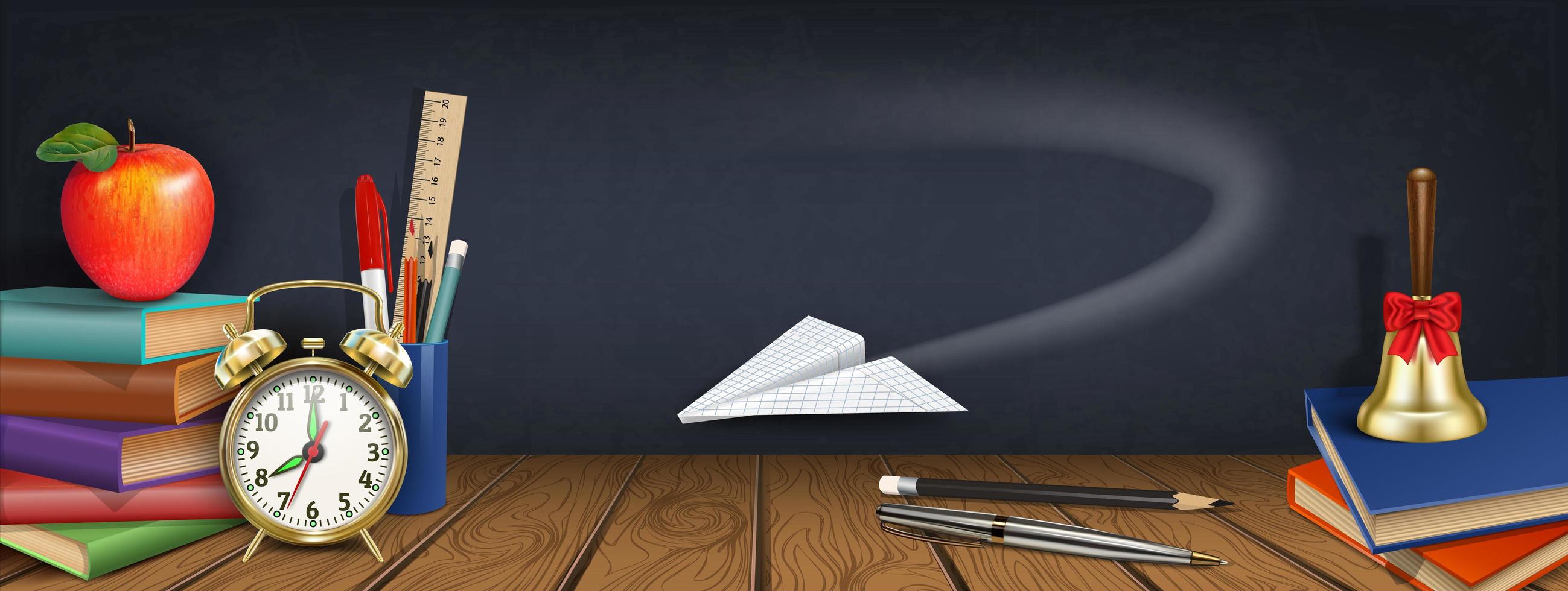 Paper plane flying in front of chalkboard and supplies vector