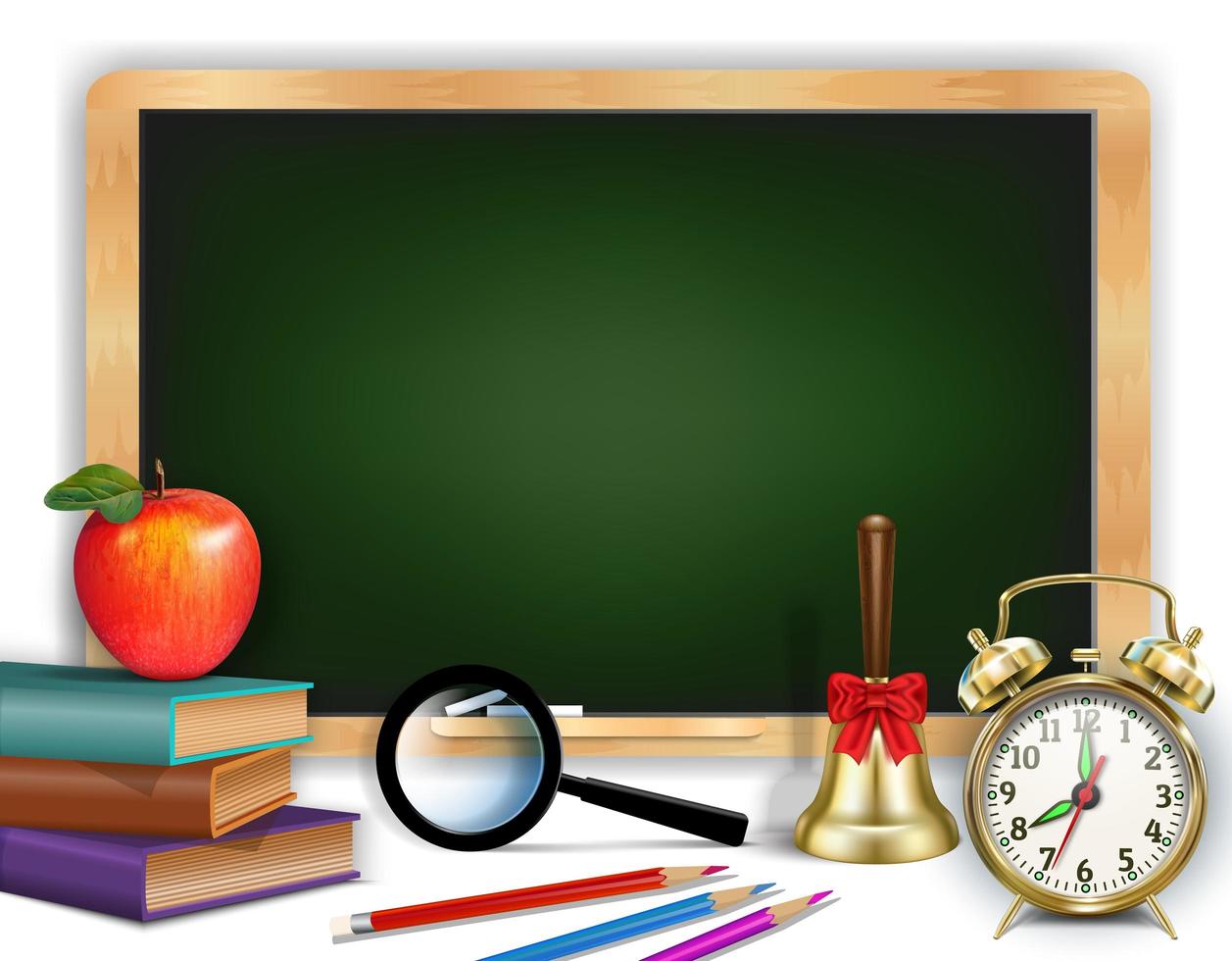 Green chalkboard with school supplies and space for text vector
