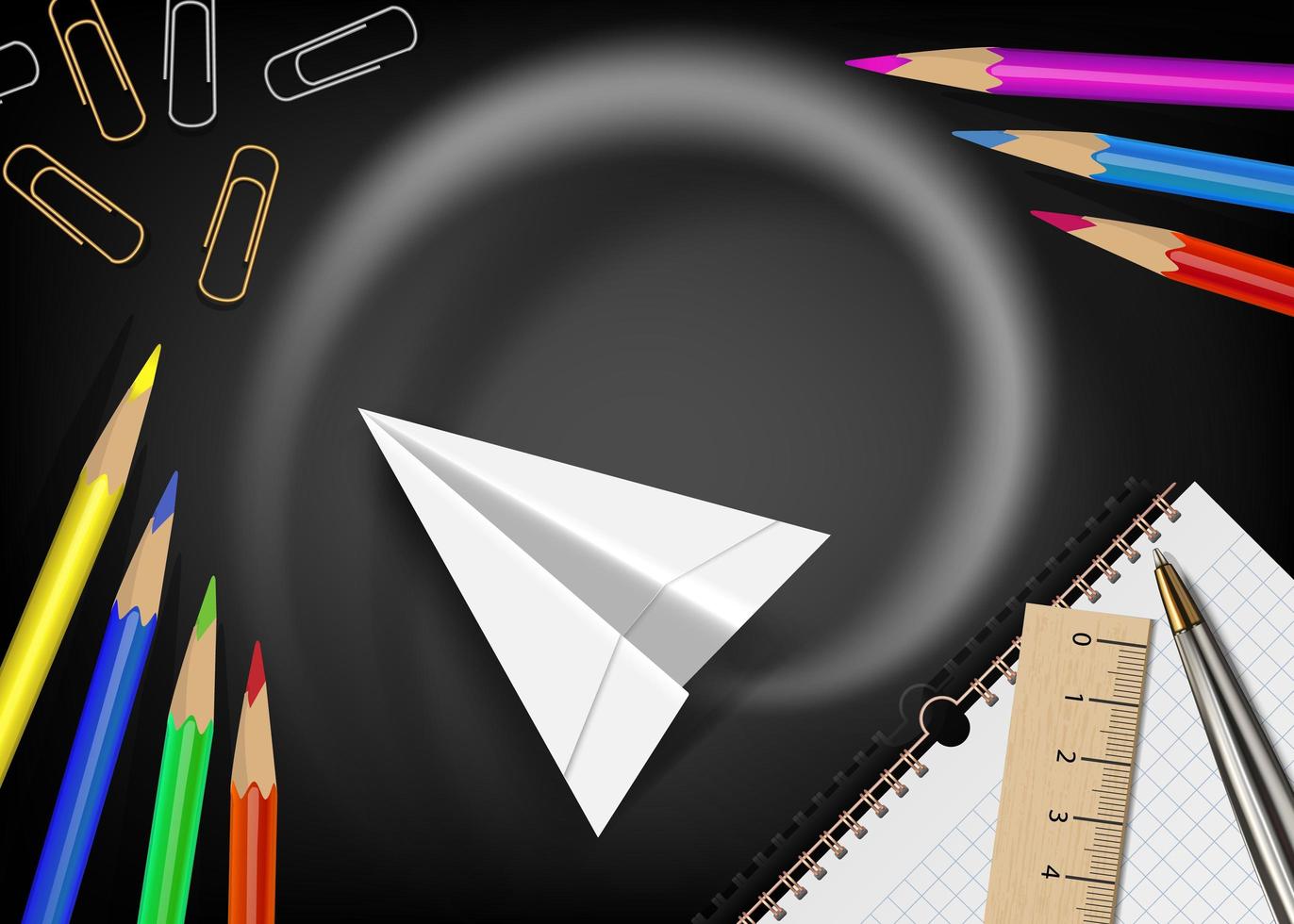 Chalkboard with flying paper airplane and school supplies vector