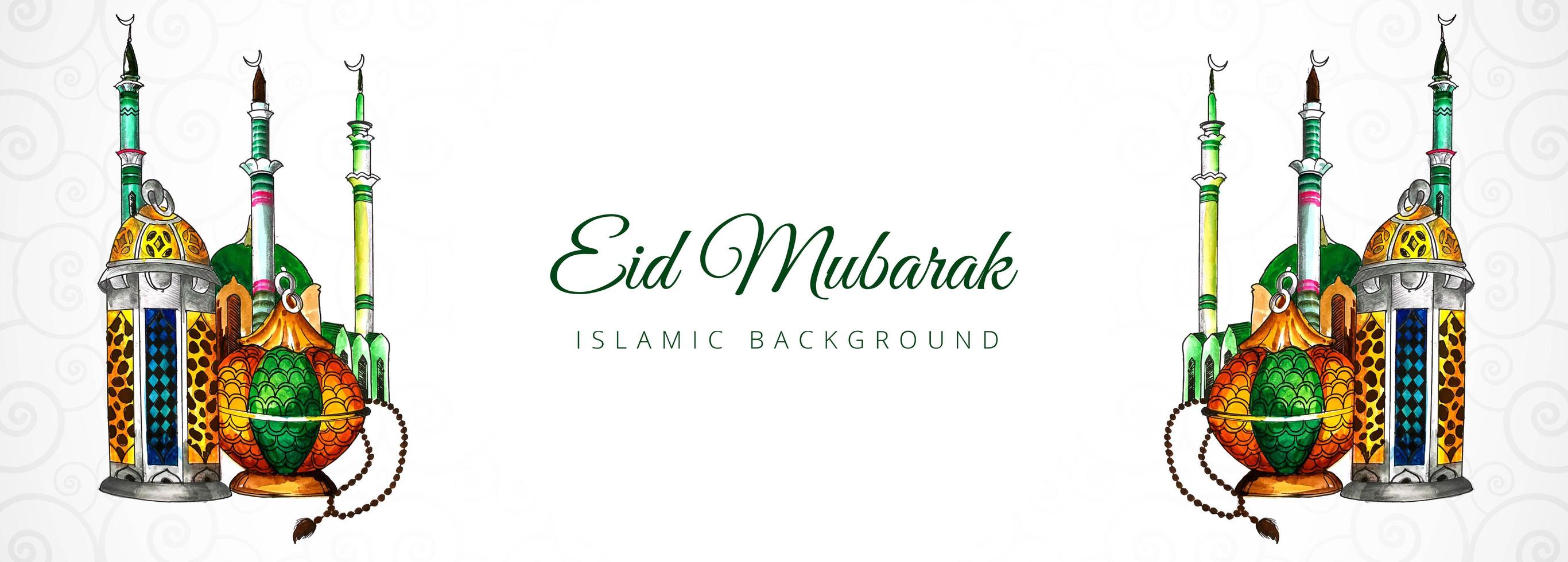 Islamic eid mubarak banner with lantern and mosque  vector