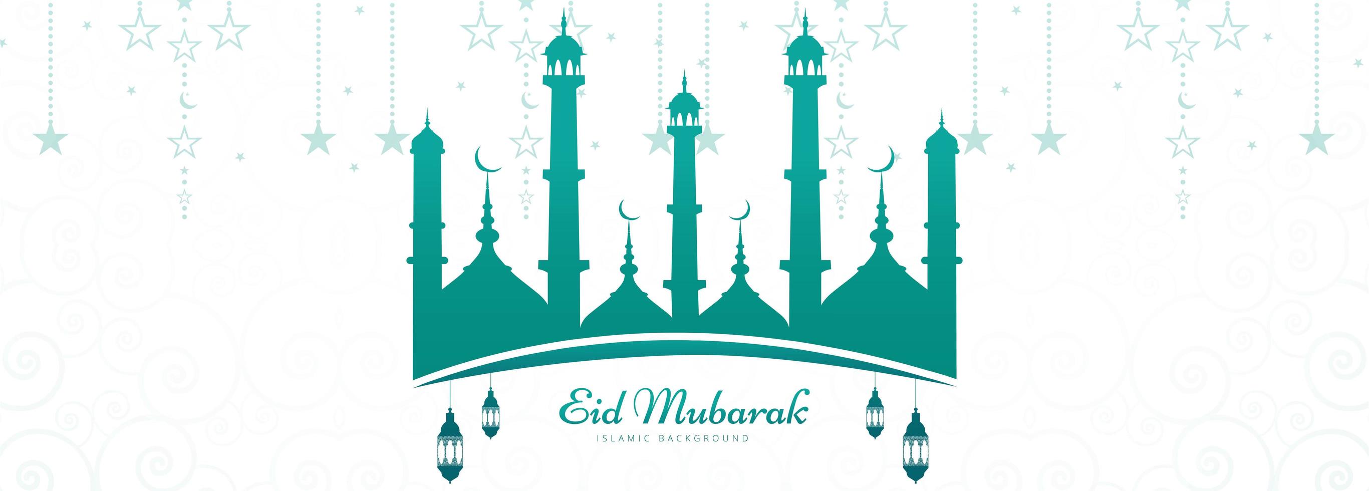 Banner de tarjeta eid mubarak con mezquita verde azulado vector