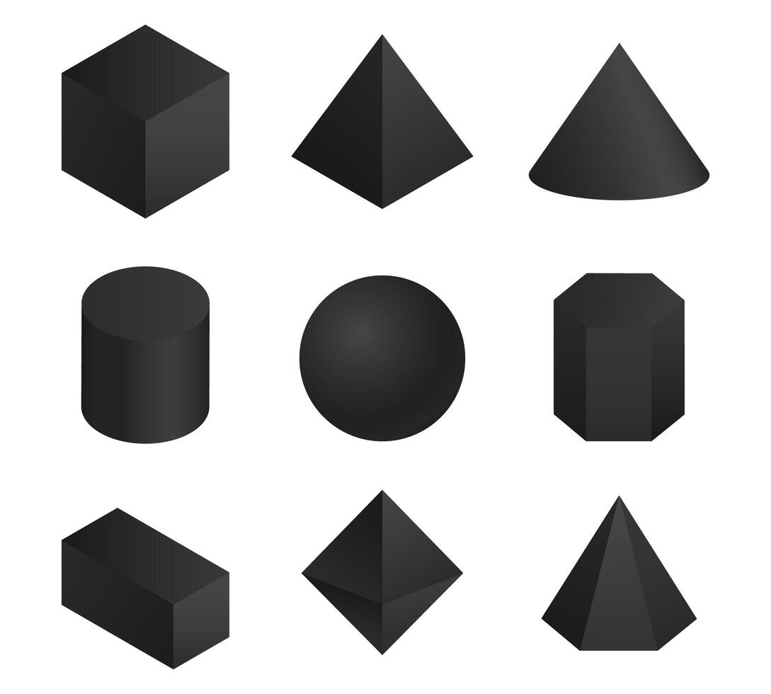 Assorted 3D black geometric shapes vector
