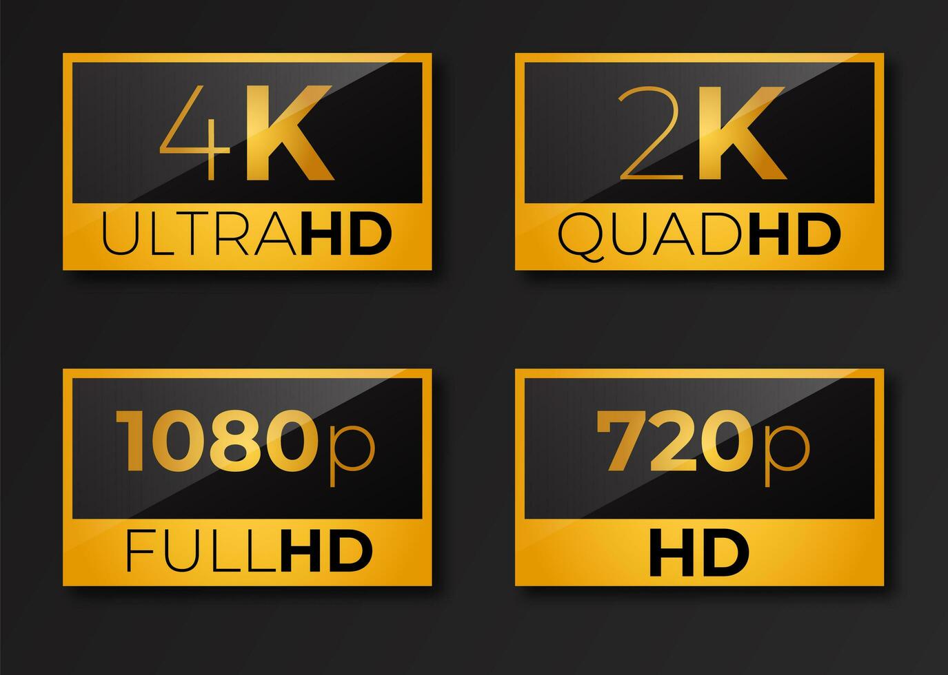 paquete de dimensiones de video iconos hd 4k 2k 1080p 720p vector