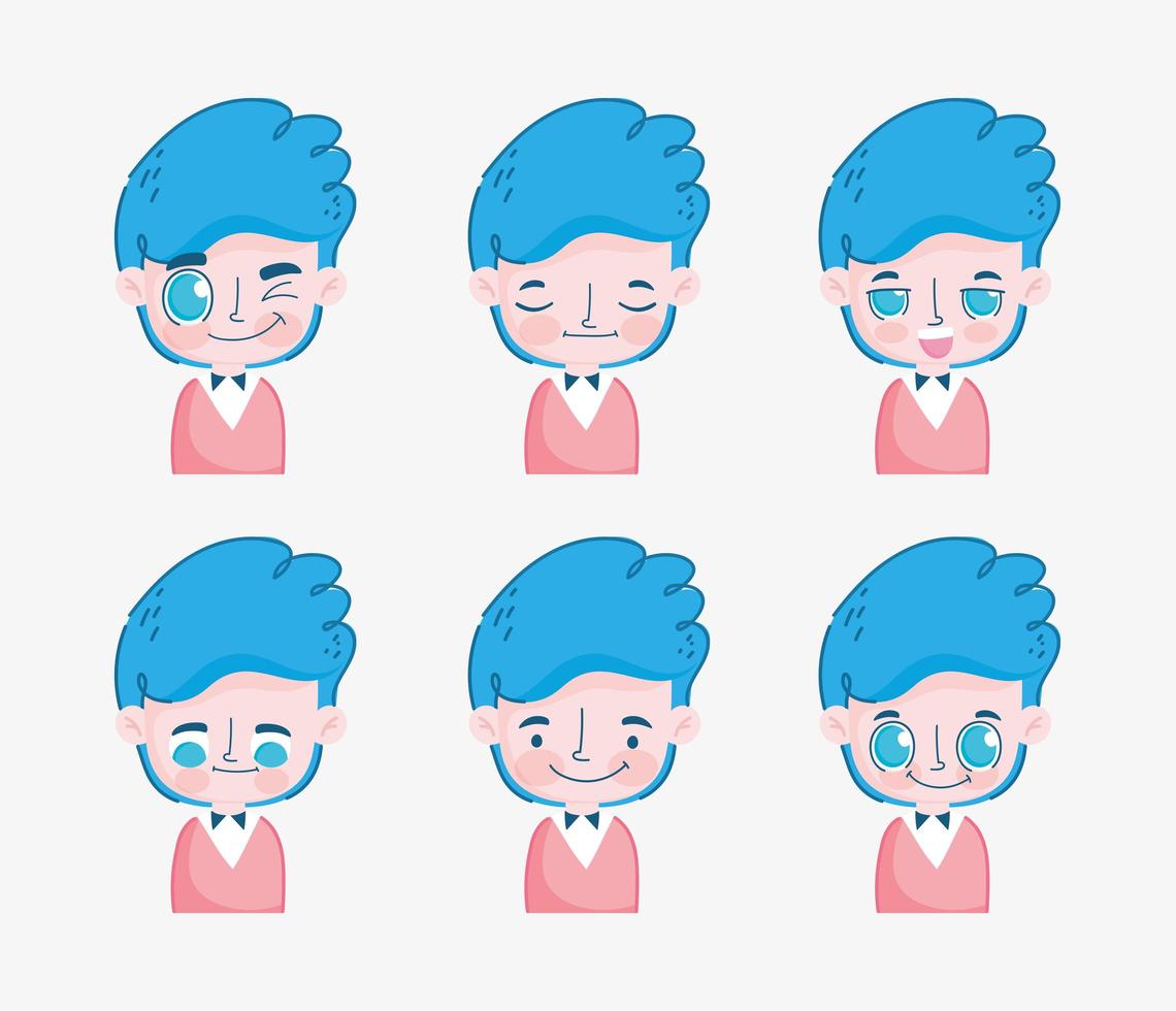 joven de pelo azul con diferentes expresiones faciales vector