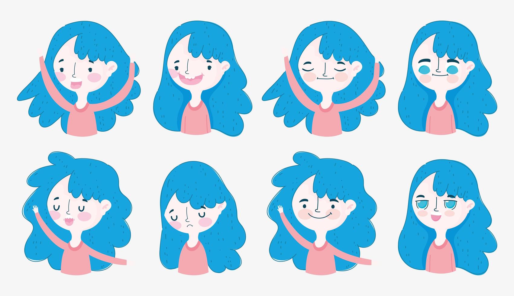 Assorted blue haired girl in different positions vector