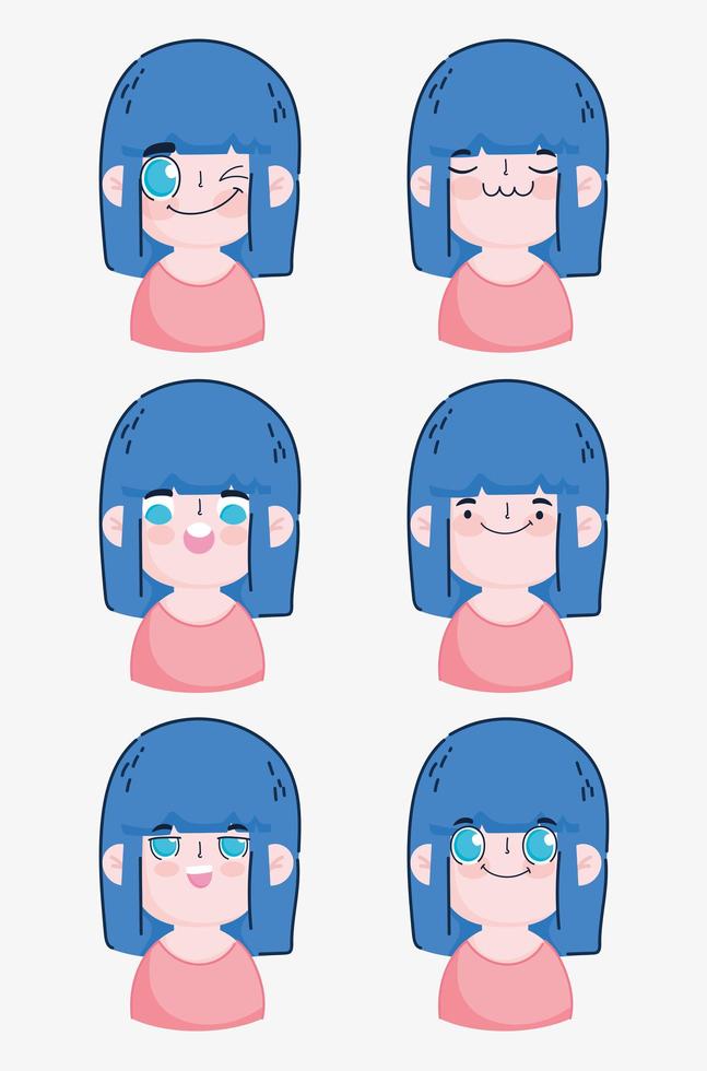 Assorted emoji blue haired girl  vector