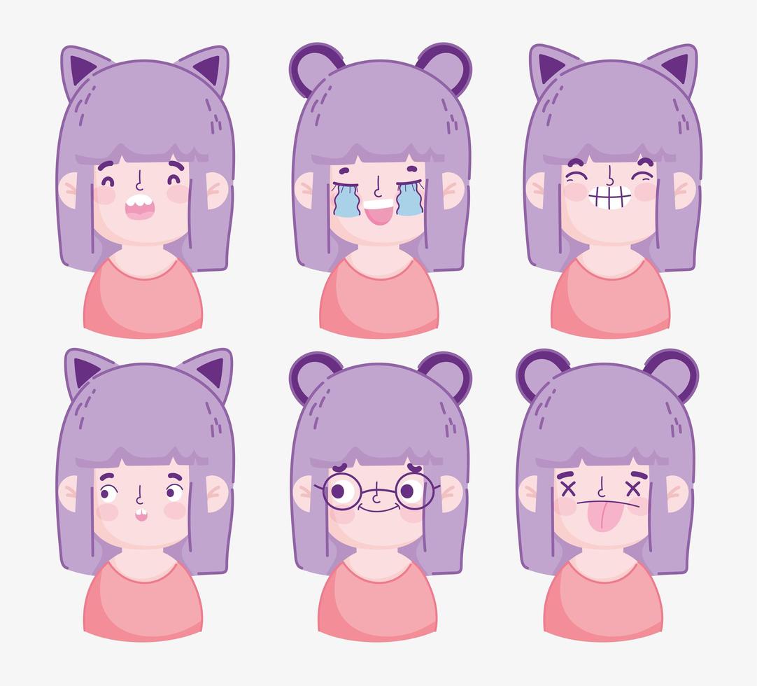 paquete de cabeza de niña de dibujos animados kawaii vector