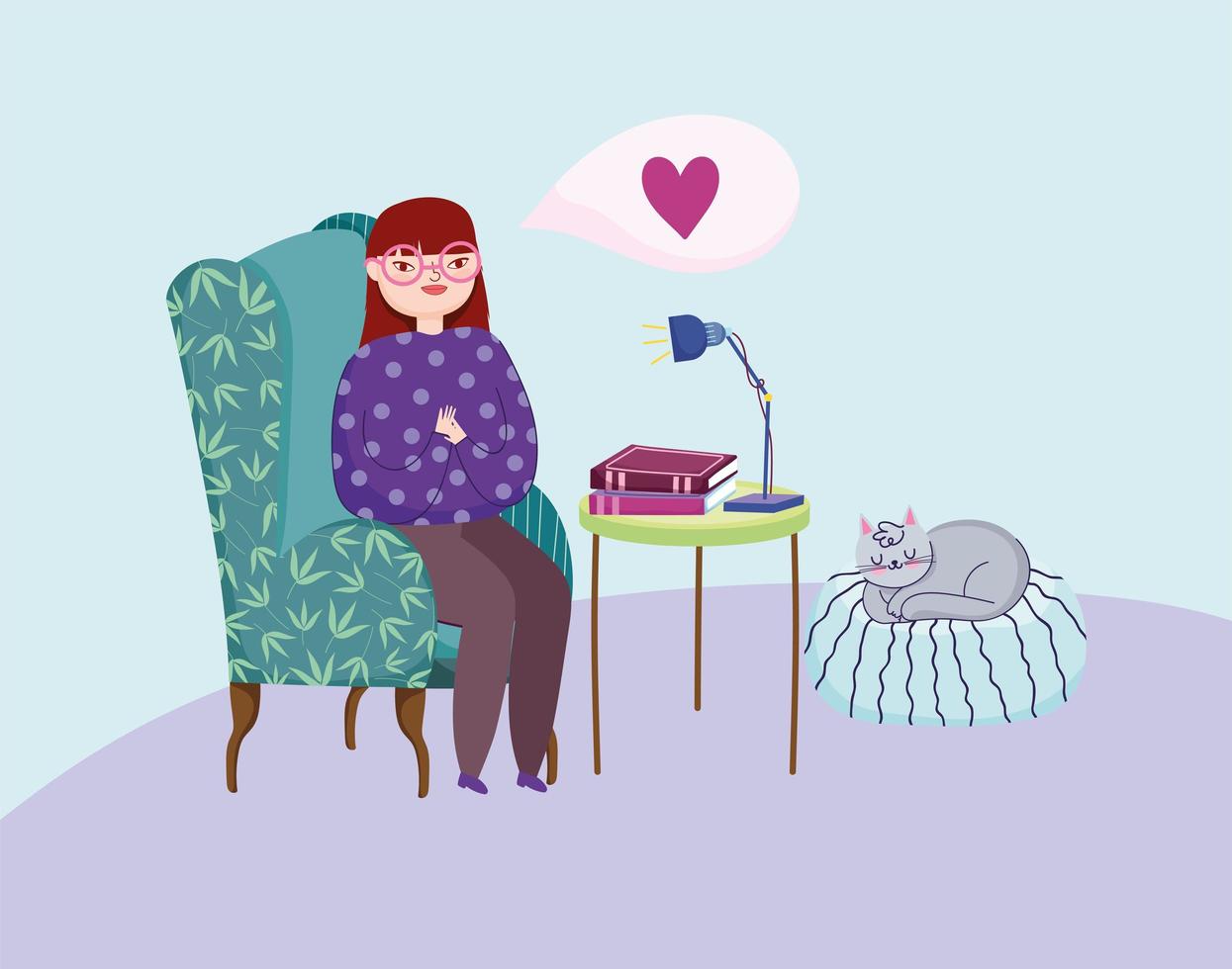 Girl in a room with books and a cat vector