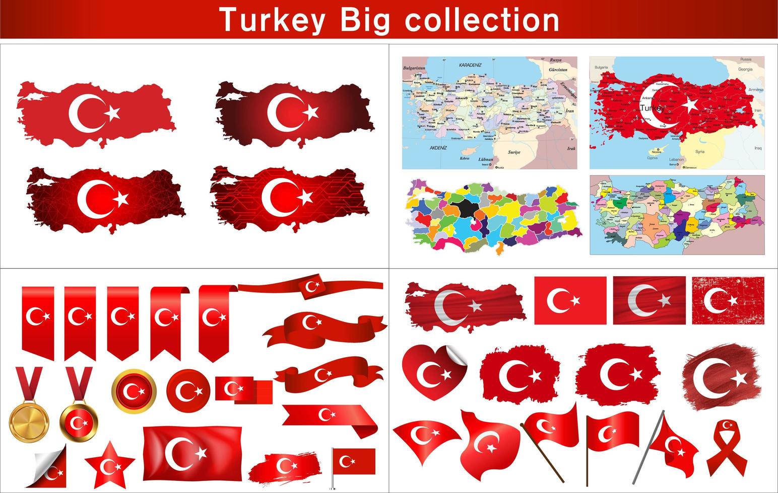 Turkey flag, map and element set vector