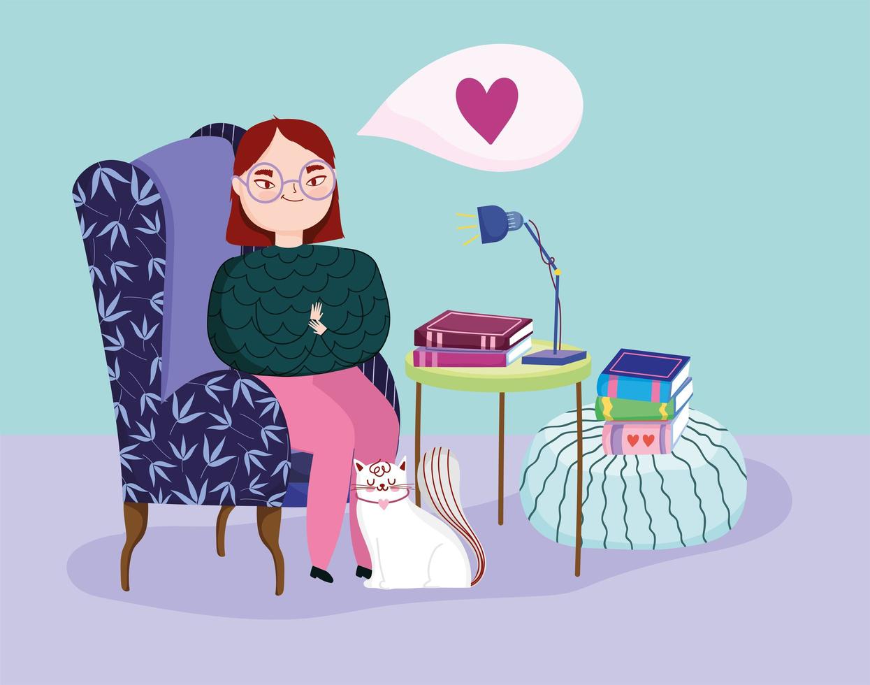 mujer joven en una habitación con libros y un gato vector