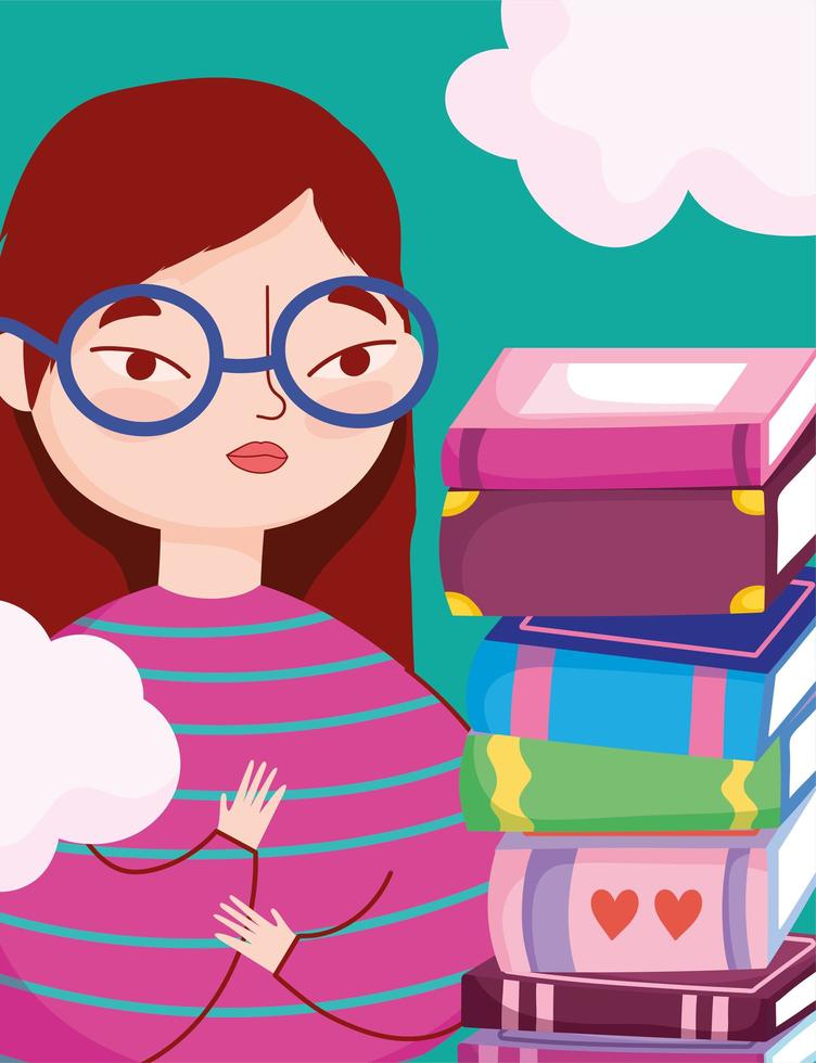 Teenage girl with a stack of books and clouds vector