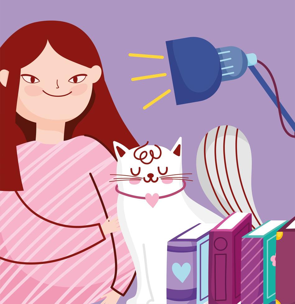 Young girl with books and a cat vector