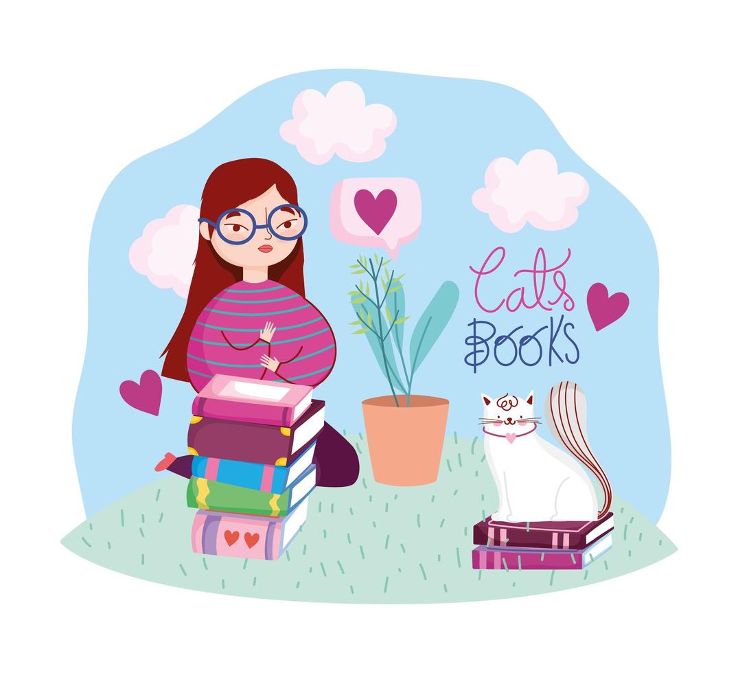 Brunette girl outdoors with books and a cat vector