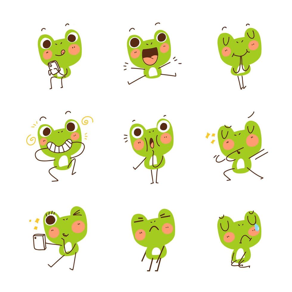 Adorable Cute Funny Frog Sticker Set vector