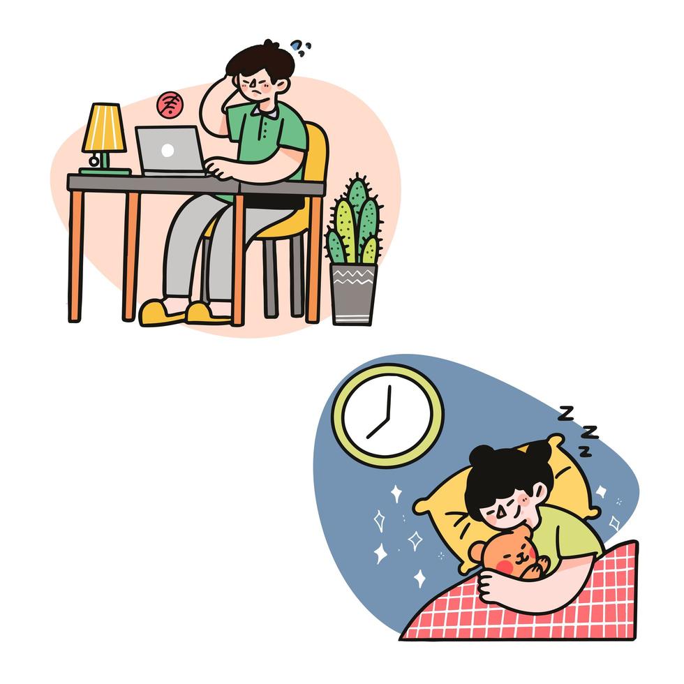 Father working while child sleeps vector