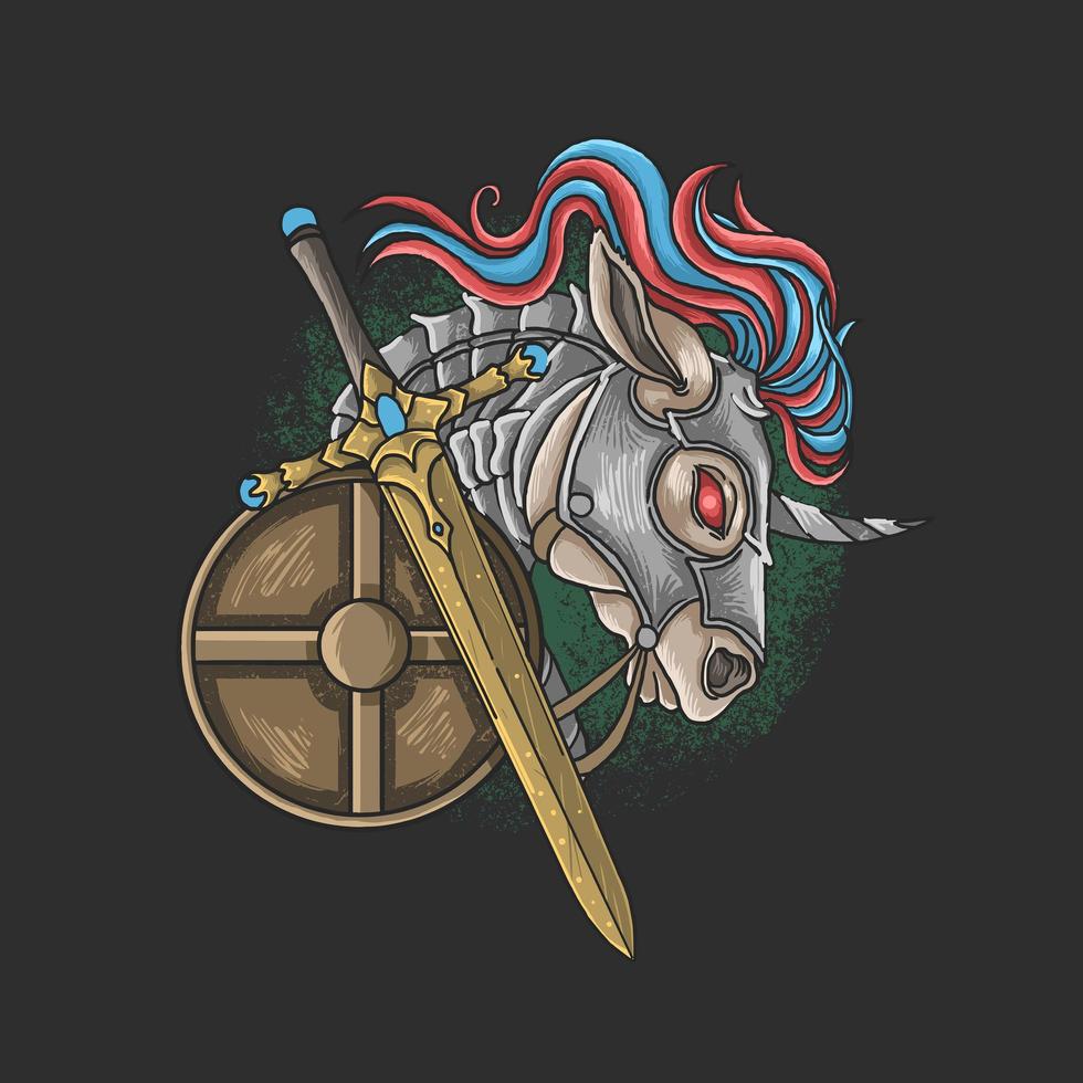 Caballero unicornio con espada y escudo vector