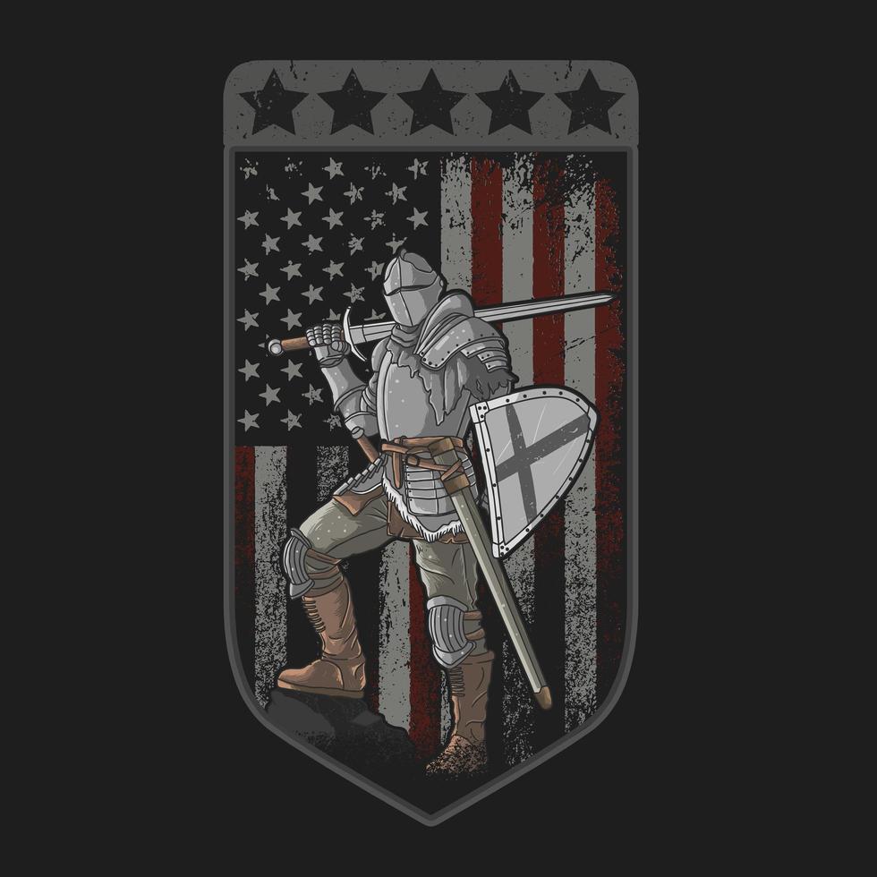 Knight with sword and shield with grunge American flag vector