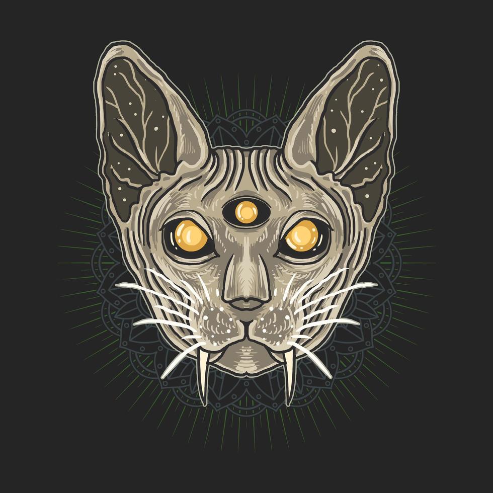 cabeza de gato sphynx sobre patrón de mandala vector